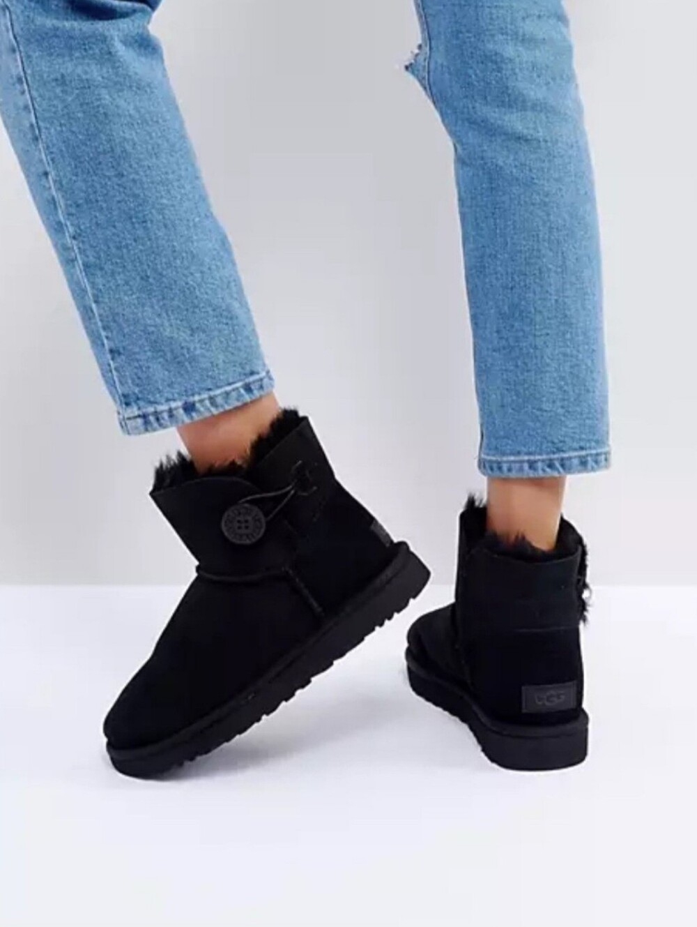 Ugg Black Mini Baily Button Bling Suede Sheepskin Womens Ankle Boots